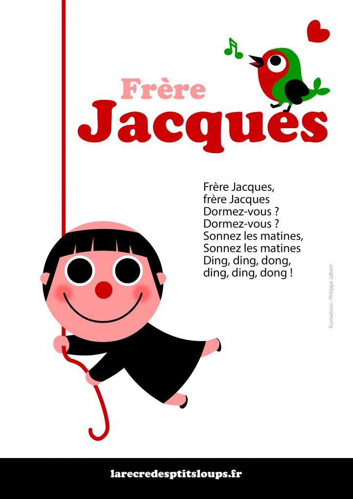 Frère Jacques paroles de la comptine à télécharger et imprimer gratuitement au format a4 pour les classes de maternelle